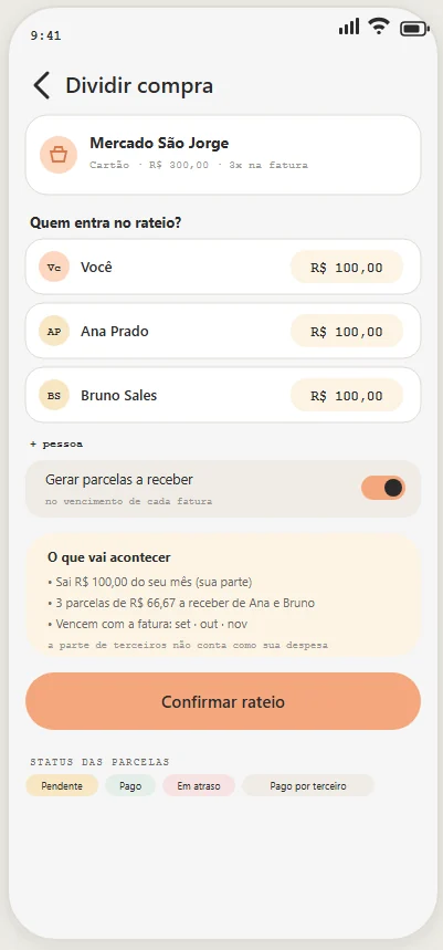 Divisão de compra entre pessoas, com parcelas