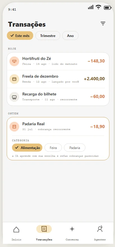 Transações categorizadas: a IA aprende com a escolha da pessoa